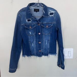 Risen Blue Distressed Denim Jacket Frayed Hem. Size Large